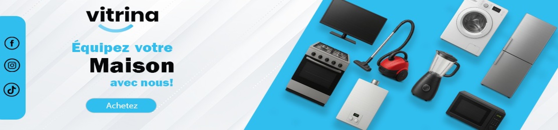 Bannière promotionnelle électroménager Vitrina TN - Appareils ménagers modernes pour cuisine et maison, lave-linge, réfrigérateurs et aspirateurs en Tunisie