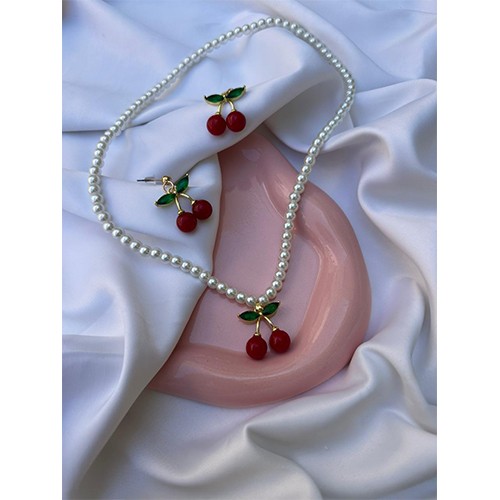 Parure Collier + Boucles d’Oreilles Motif Cerise