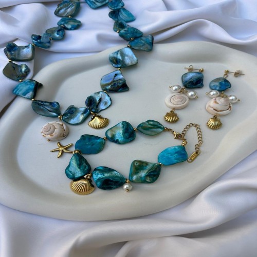 Parure Collier + Bracelet + Boucles d’Oreilles Bleues